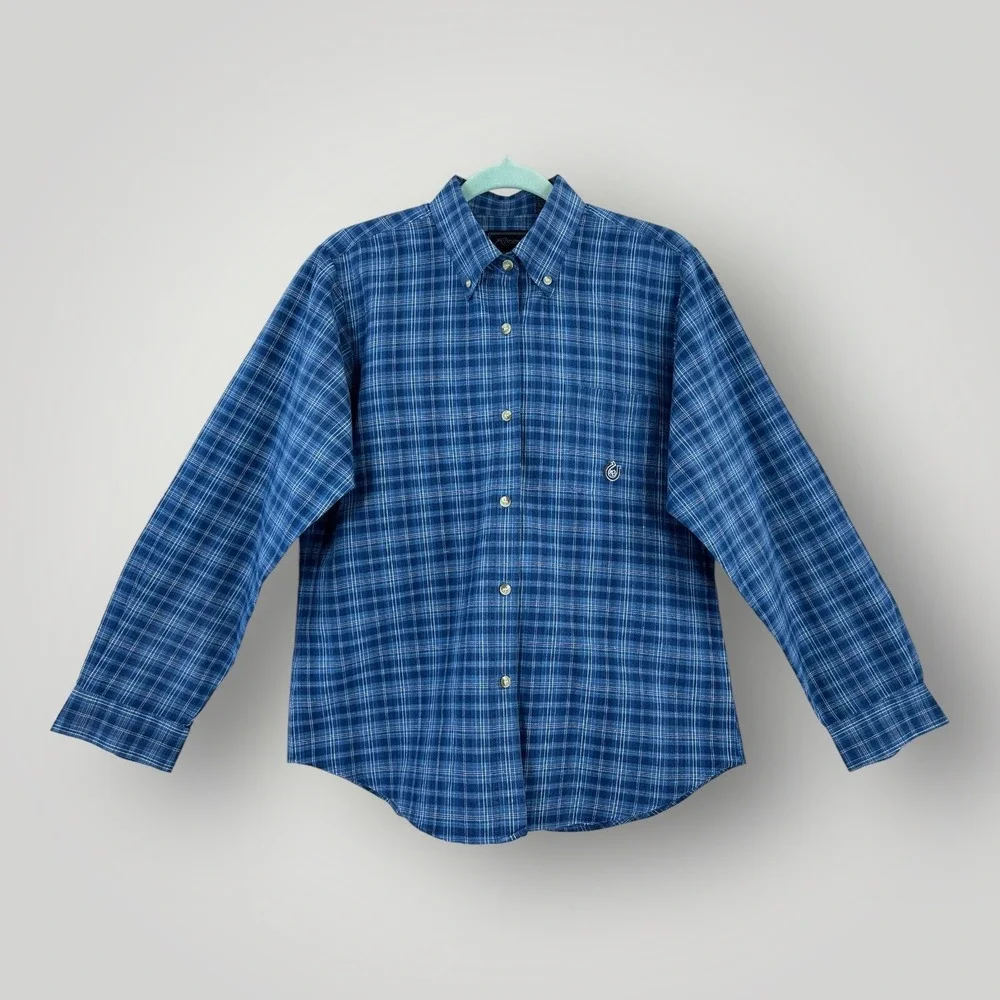Roper Shirt Mens SMALL Blue Plaid Western Button‎ Long Sleeve Horseshoe Logo